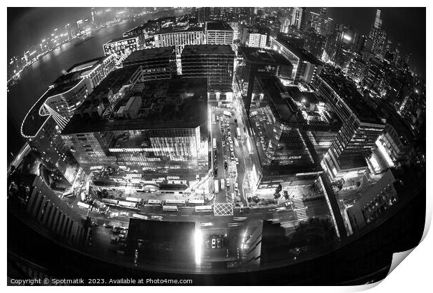 Hong Kong illuminated city traffic and skyscrapers downtown Print by Spotmatik 