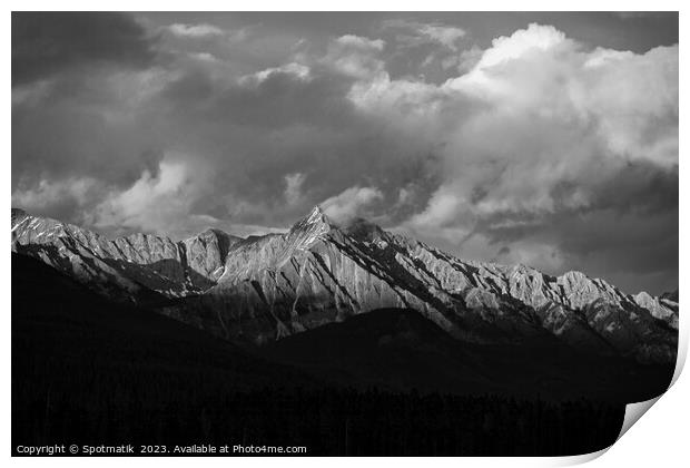 Wilderness mountain peaks and coniferous forests Banff Canada Print by Spotmatik 