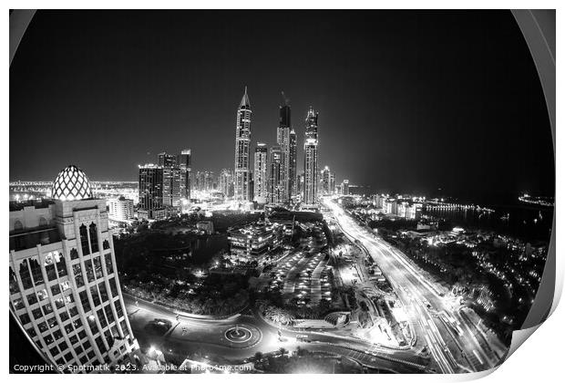 Night illuminated view Skyscrapers Sheikh Zayed road Dubai  Print by Spotmatik 