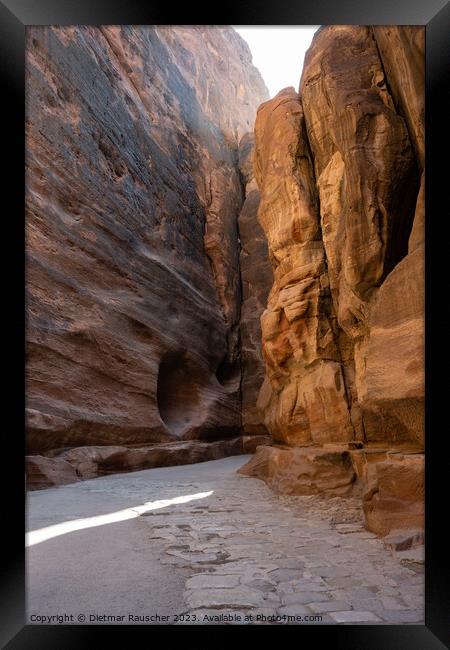 Al Siq Gorge in Petra with Nabataean Paved Road Framed Print by Dietmar Rauscher