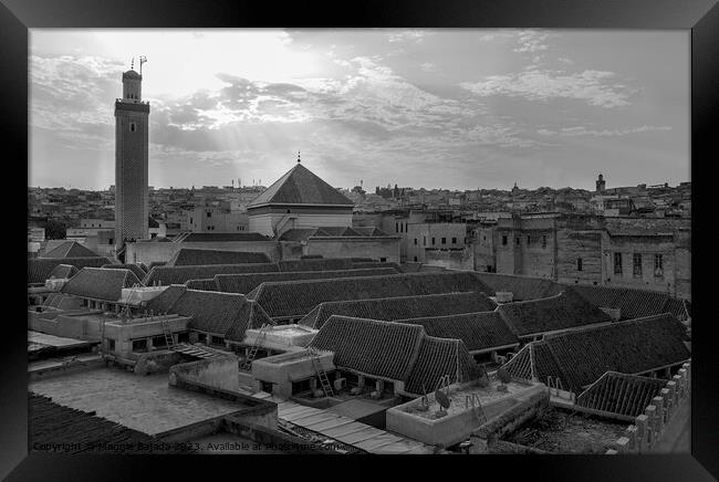 Monochrome-Black and White of Morocco roof top. Framed Print by Maggie Bajada