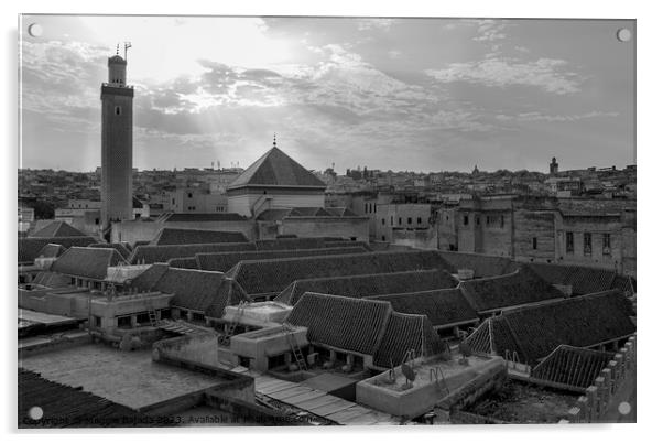 Monochrome-Black and White of Morocco roof top. Acrylic by Maggie Bajada