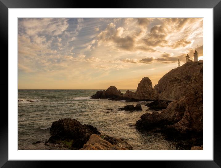 Photography with a golden sunset at the cabo de gata lighthouse Framed Mounted Print by Vicen Photo
