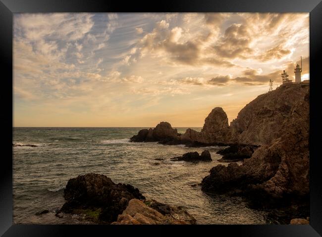 Photography with a golden sunset at the cabo de gata lighthouse Framed Print by Vicen Photo