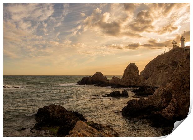 Photography with a golden sunset at the cabo de gata lighthouse Print by Vicen Photo