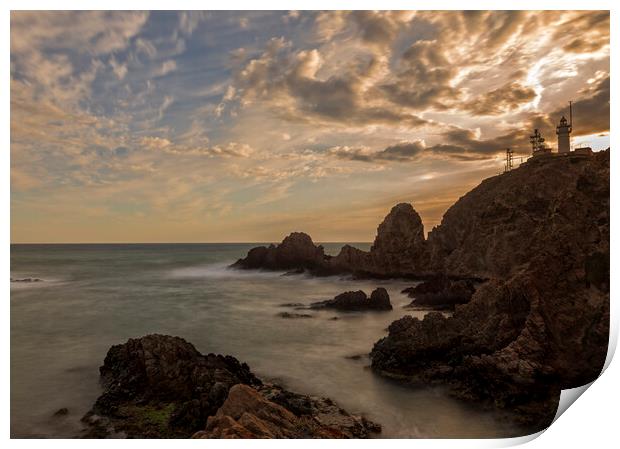 Photography with the lighthouse of cabo de gata in a calm sunset Print by Vicen Photo