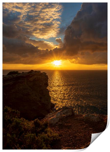 Photography with the sunrise sun between the clouds and the sea of Ibiza Print by Vicen Photo
