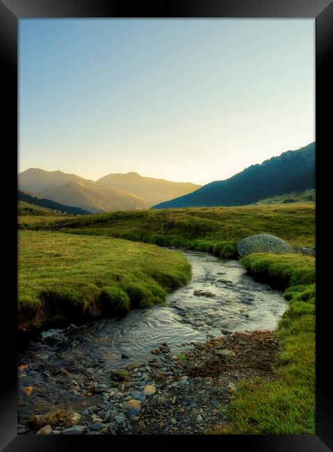 Photograph with a stream between the mountains at sunrise in the Aran Valley Framed Print by Vicen Photo