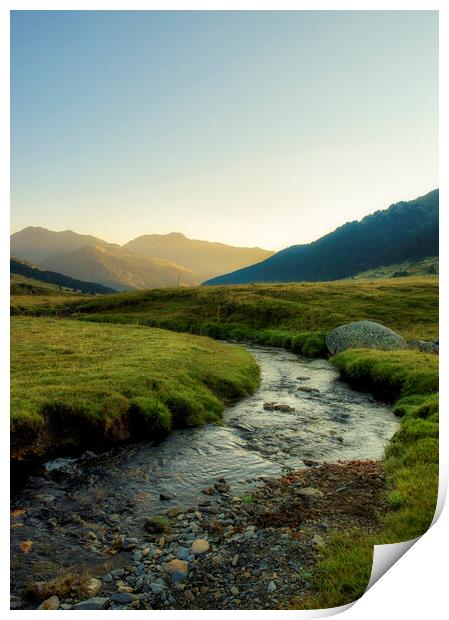 Photograph with a stream between the mountains at sunrise in the Aran Valley Print by Vicen Photo