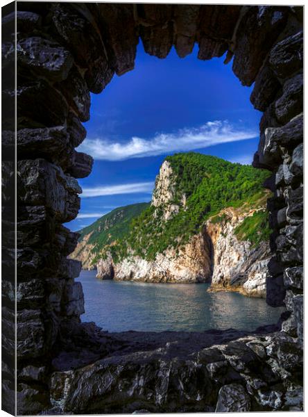 Framed Window made of Black stones, inside a Mountain with Green grass.  Canvas Print by Maggie Bajada