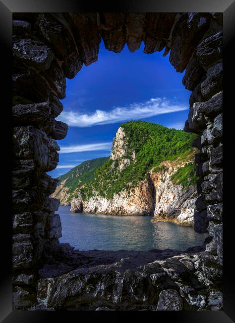 Framed Window made of Black stones, inside a Mountain with Green grass.  Framed Print by Maggie Bajada