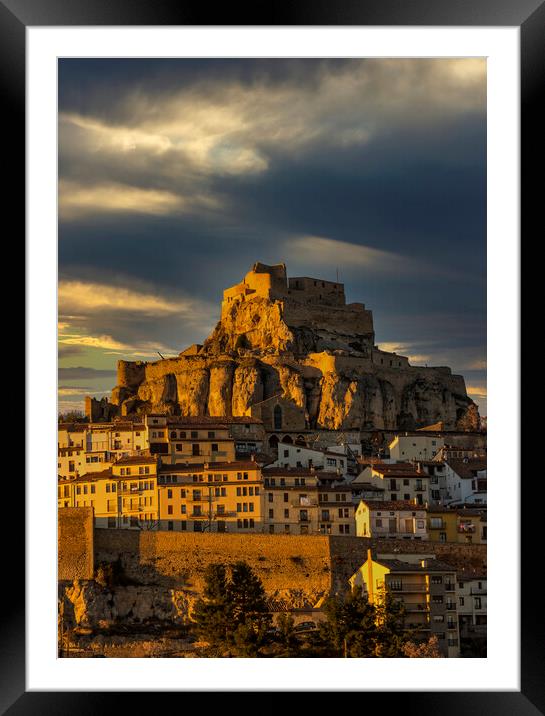 Photography with the town and castle of Morella on the hill under the clouds Framed Mounted Print by Vicen Photo