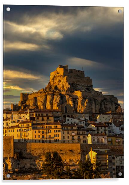 Photography with the town and castle of Morella on the hill under the clouds Acrylic by Vicen Photo