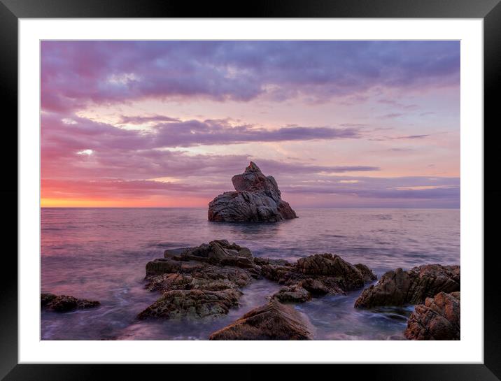 Photography with a lonely island in a violet sunrise in Lloret de Mar Framed Mounted Print by Vicen Photo