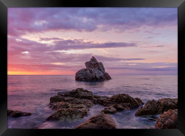 Photography with a lonely island in a violet sunrise in Lloret de Mar Framed Print by Vicen Photo