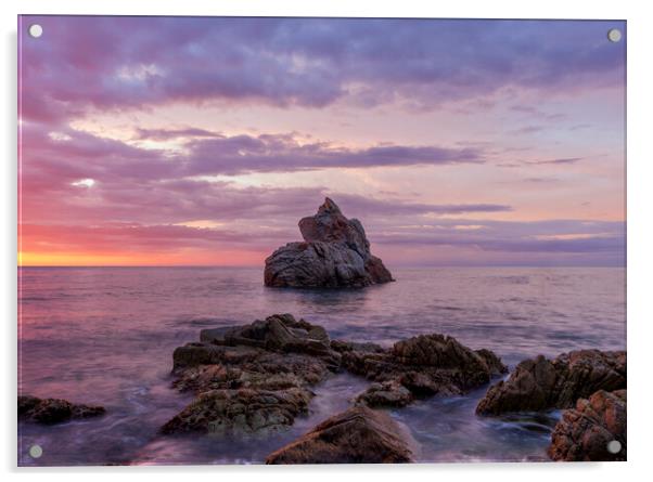 Photography with a lonely island in a violet sunrise in Lloret de Mar Acrylic by Vicen Photo