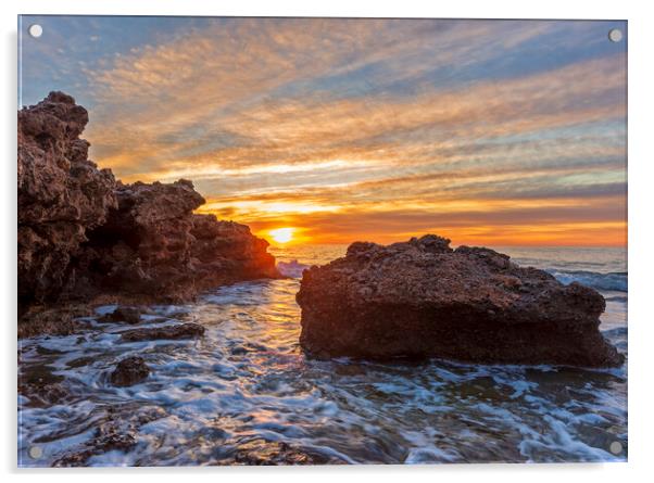 Photography with a sunrise between the rocks in a seascape Acrylic by Vicen Photo
