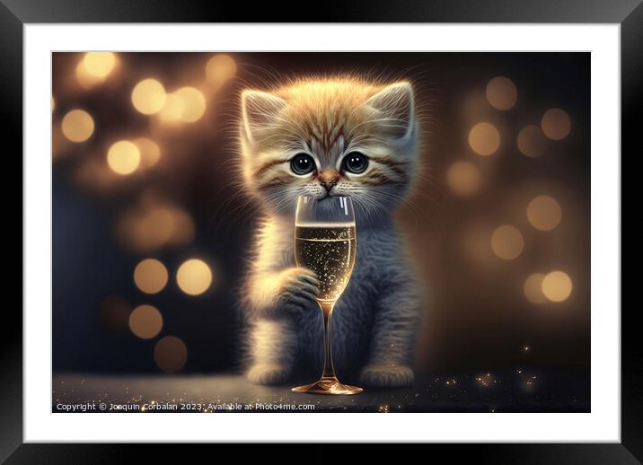 Illustration of a cute orange kitten celebrating t Framed Mounted Print by Joaquin Corbalan