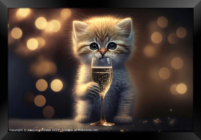 Illustration of a cute orange kitten celebrating t Framed Print by Joaquin Corbalan