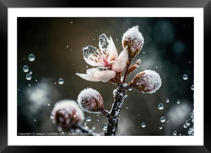 Snowflakes and ice cover the first buds of fruit-b Framed Mounted Print by Joaquin Corbalan