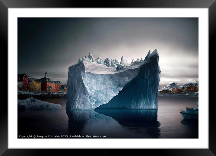 Illustration of an iceberg reaching a city, concep Framed Mounted Print by Joaquin Corbalan
