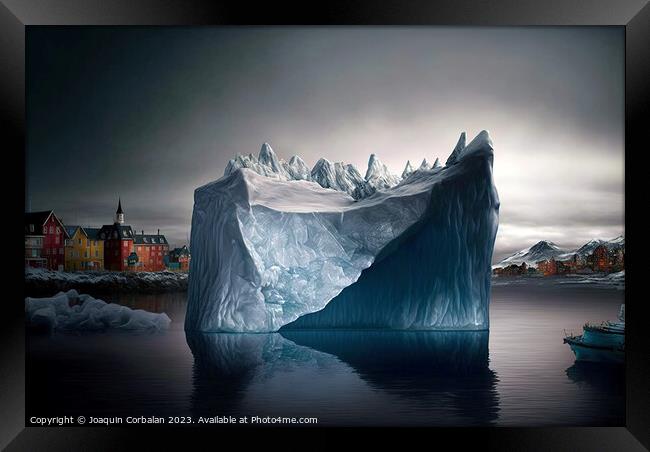 Illustration of an iceberg reaching a city, concep Framed Print by Joaquin Corbalan
