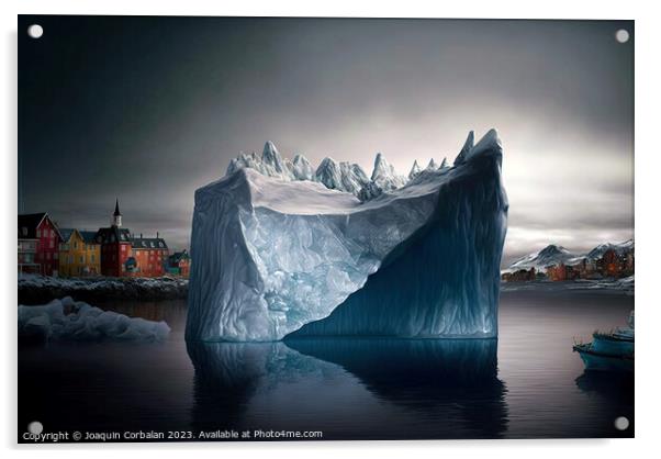 Illustration of an iceberg reaching a city, concep Acrylic by Joaquin Corbalan
