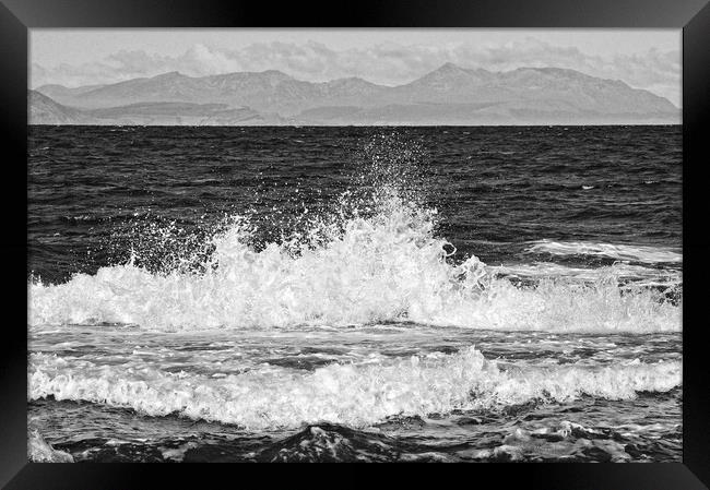 Waves lapping Ayrshire coast, Arran mountain backdrop Framed Print by Allan Durward Photography