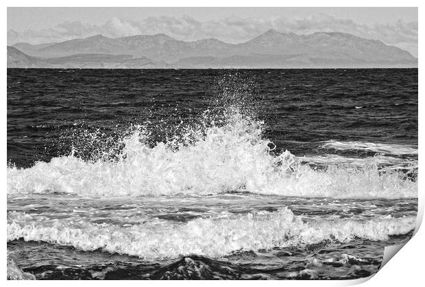 Waves lapping Ayrshire coast, Arran mountain backdrop Print by Allan Durward Photography