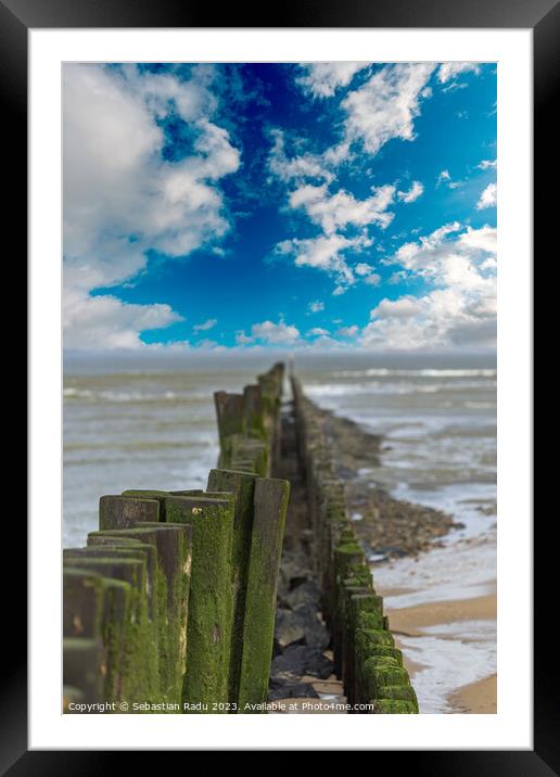 North Sea with wooden poles in a cloudy and windy day at Breskens Framed Mounted Print by Sebastian Radu