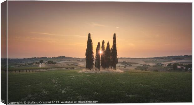 Sunset landscape in Alta Maremma. Rolling hills and cypress trees Canvas Print by Stefano Orazzini