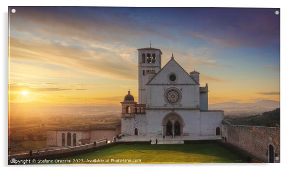 Assisi, San Francesco Basilica church at sunset. Umbria, Italy. Acrylic by Stefano Orazzini