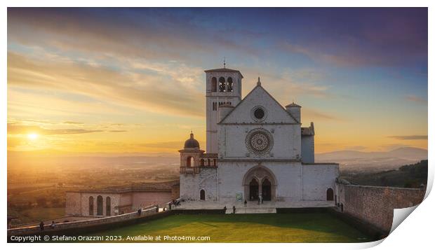 Assisi, San Francesco Basilica church at sunset. Umbria, Italy. Print by Stefano Orazzini