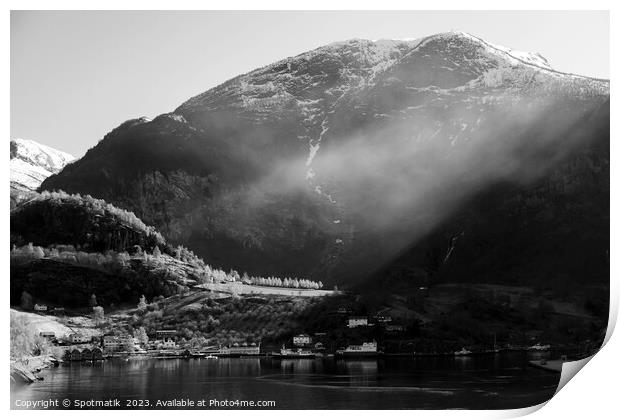 Norwegian sunlight beaming though light mist glacial fjord  Print by Spotmatik 