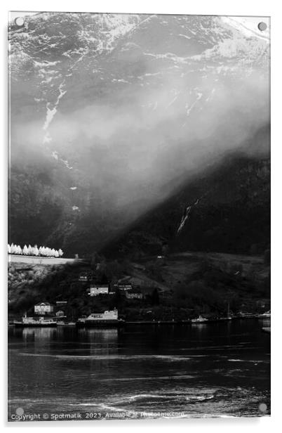 Sunlight beaming through light mist Norwegian glacial fjord  Acrylic by Spotmatik 
