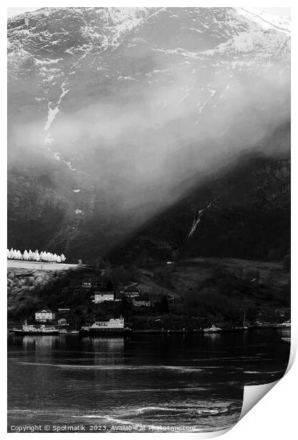 Sunlight beaming through light mist Norwegian glacial fjord  Print by Spotmatik 