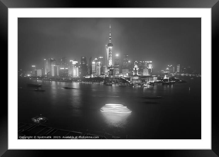 Illuminated Huangpu River Shanghai and Oriental Pearl Tower  Framed Mounted Print by Spotmatik 