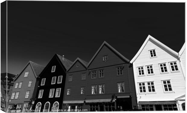 View of Bryggen Bergan famous wooden buildings Norway Canvas Print by Spotmatik 