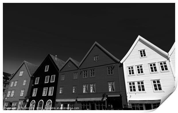 View of Bryggen Bergan famous wooden buildings Norway Print by Spotmatik 