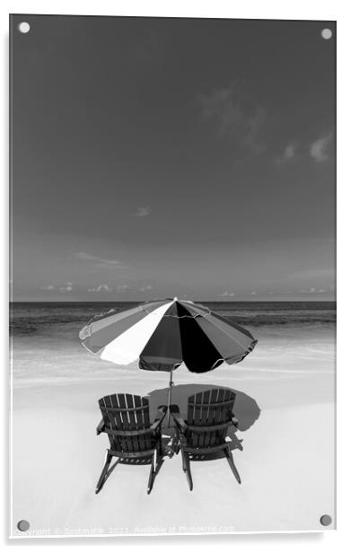 Bahamas beach umbrella and chairs on sandy beach  Acrylic by Spotmatik 
