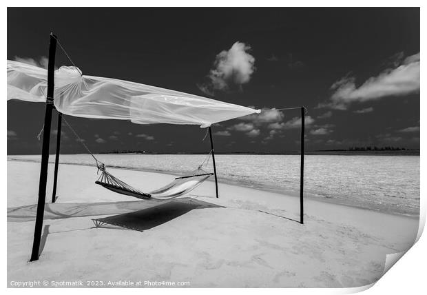 Hammock on the shoreline remote luxury paradise Island  Print by Spotmatik 