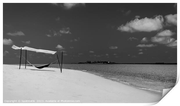 Hammock swaying in the breeze over white sands  Print by Spotmatik 