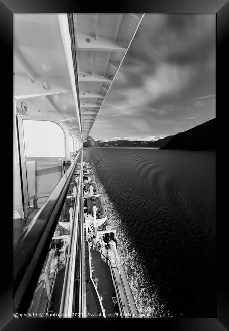 Cruise Ship balcony view of scenic Norwegian Fjord  Framed Print by Spotmatik 