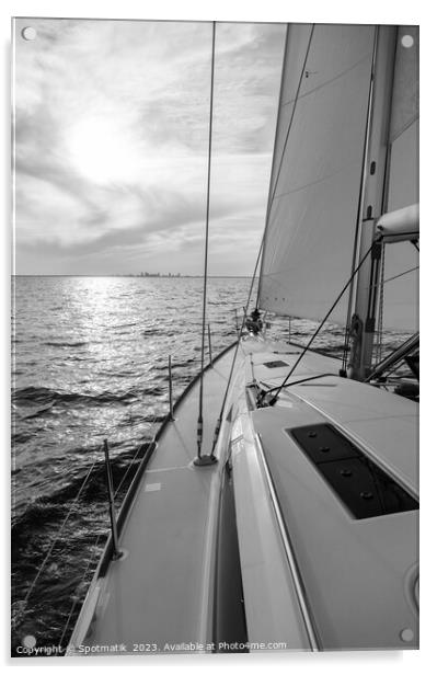 Luxury yacht sailing towards distant horizon at sunset Acrylic by Spotmatik 