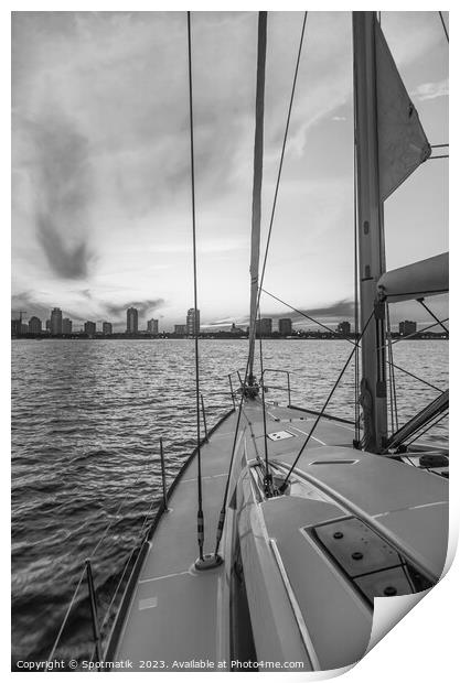 Sailing luxury yacht at sunset with cityscape view Print by Spotmatik 