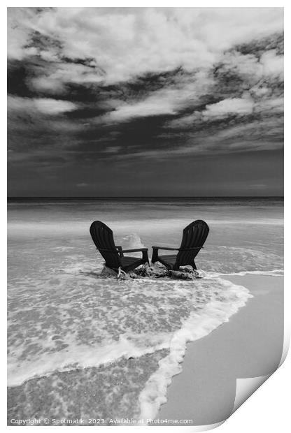 Red chairs on shoreline of sandy beach Bahamas Print by Spotmatik 