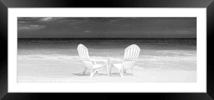 Panoramic white chairs on beach beside ocean Framed Mounted Print by Spotmatik 