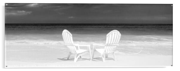 Panoramic white chairs on beach beside ocean Acrylic by Spotmatik 