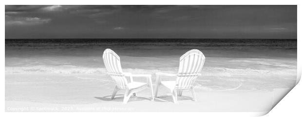 Panoramic white chairs on beach beside ocean Print by Spotmatik 