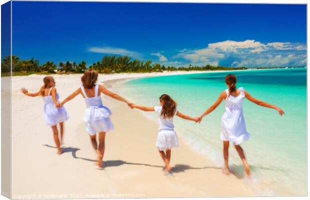 Happy Caucasian family in white walking holding hands  Canvas Print by Spotmatik 
